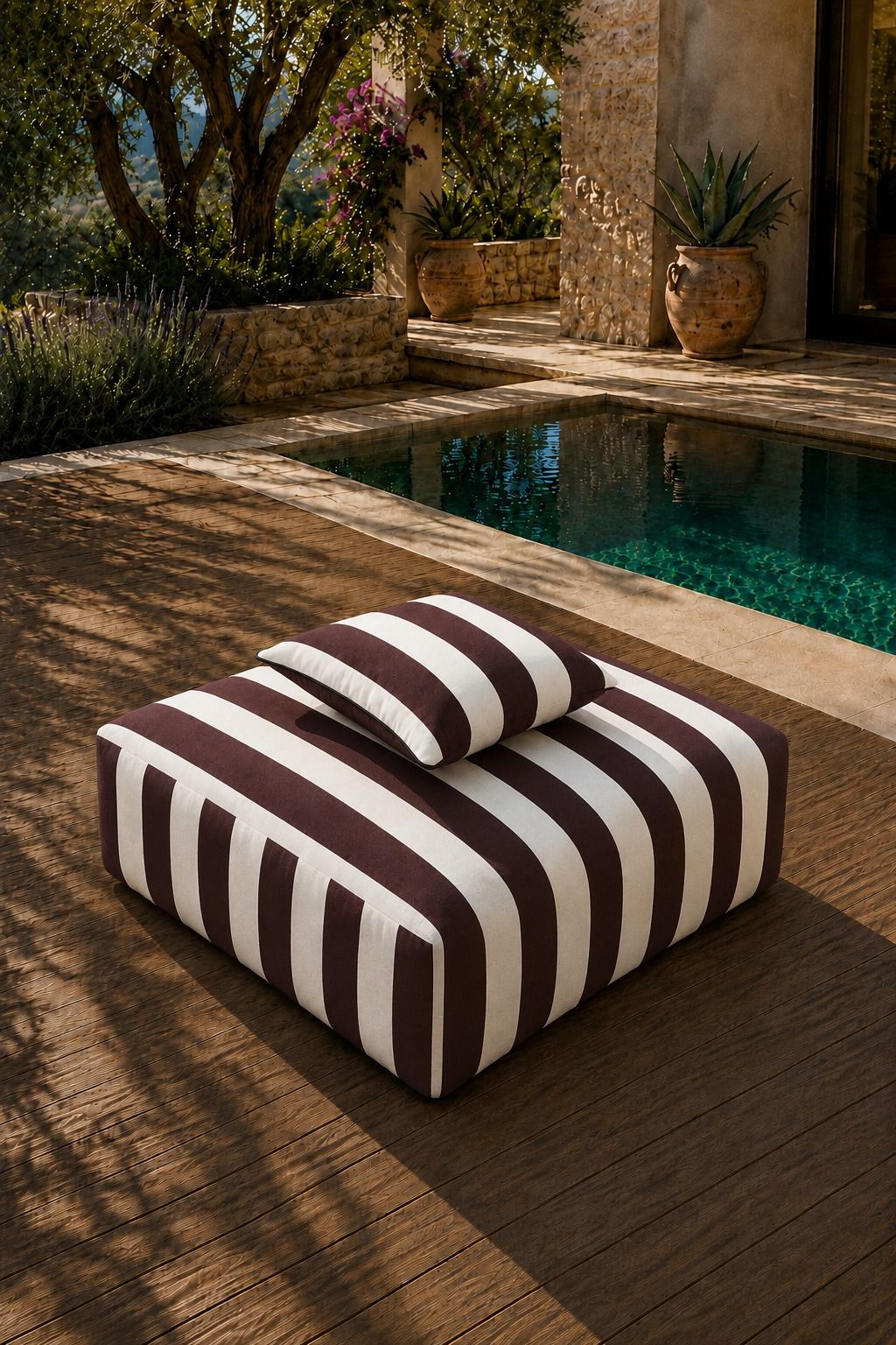Vezan Burgundy Striped Outdoor Ottoman