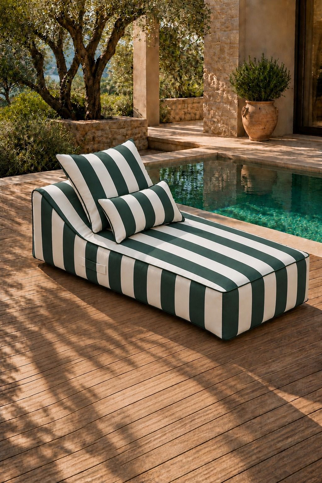 Vezan Green Striped Outdoor Chaise with Black Piping