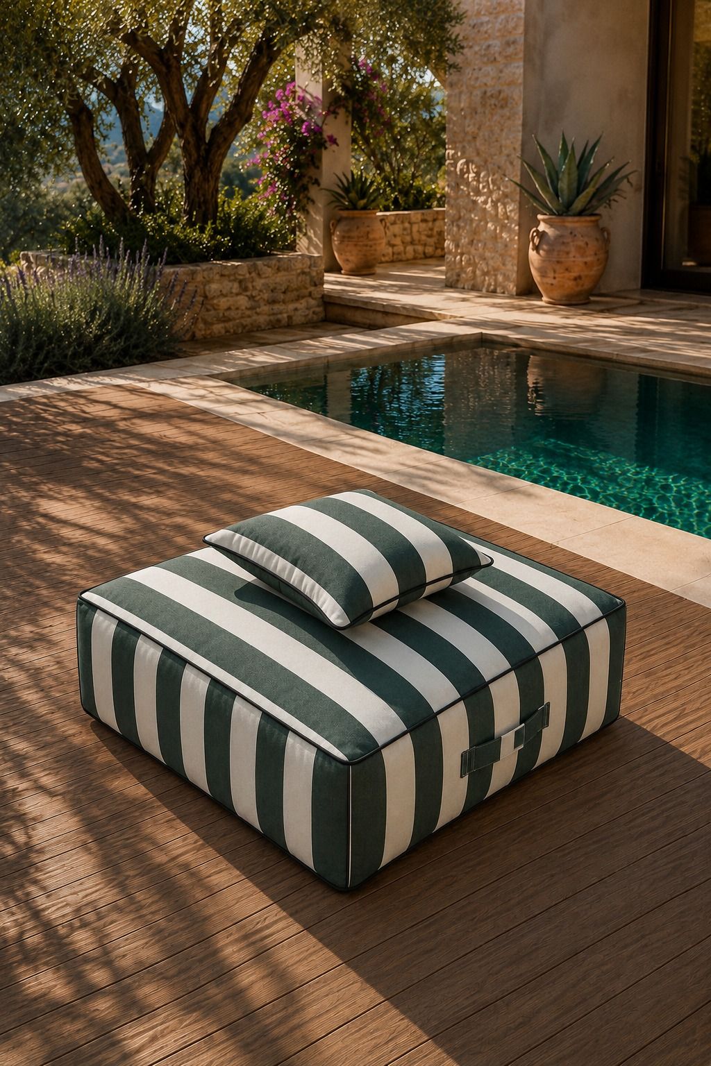 Vezan Green Striped Outdoor Ottoman with Black Piping