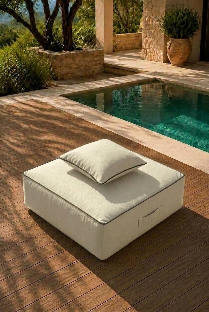 Vezan Ivory Cream Outdoor Ottoman with Black Piping