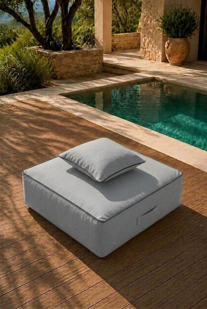 Vezan Light Grey Outdoor Ottoman with Black Piping