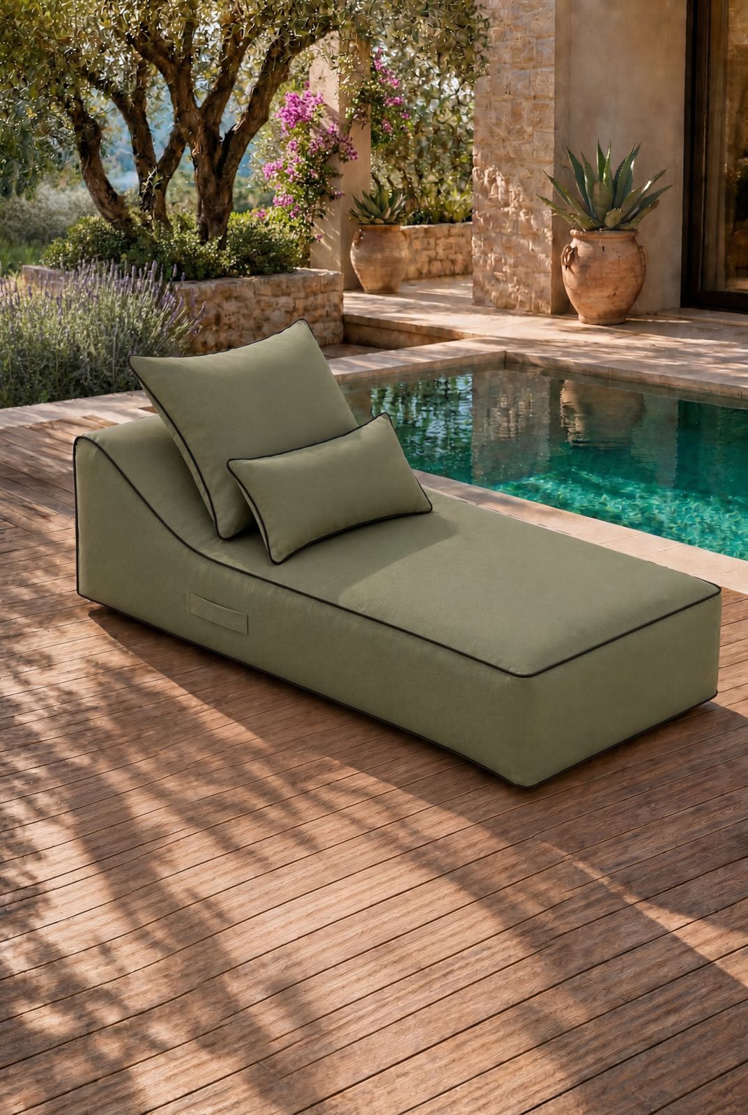 Vezan Olive Green Outdoor Chaise with Black Piping