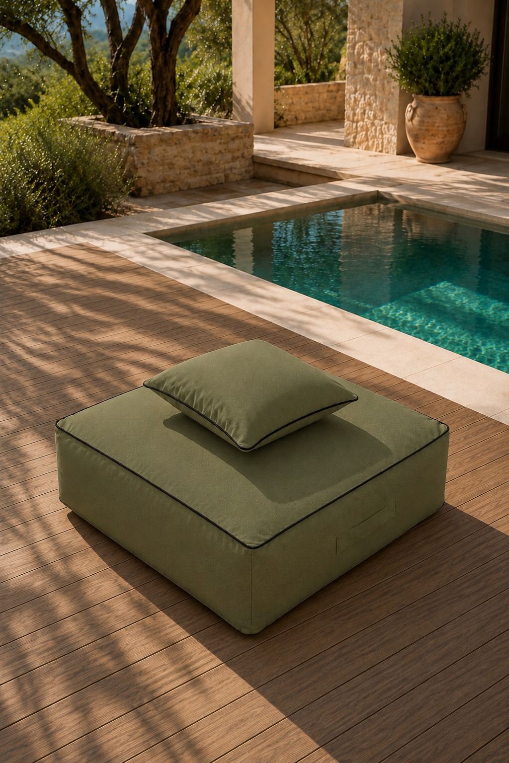 Vezan Olive Green Outdoor Ottoman with Black Piping