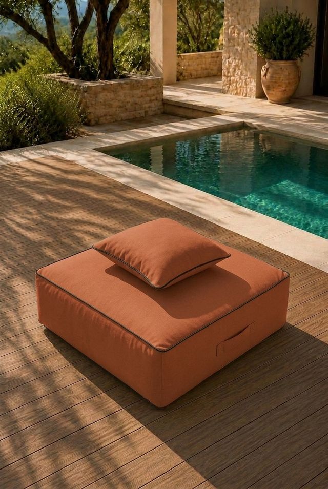 Vezan Orange Terracotta Outdoor Ottoman with Black Piping