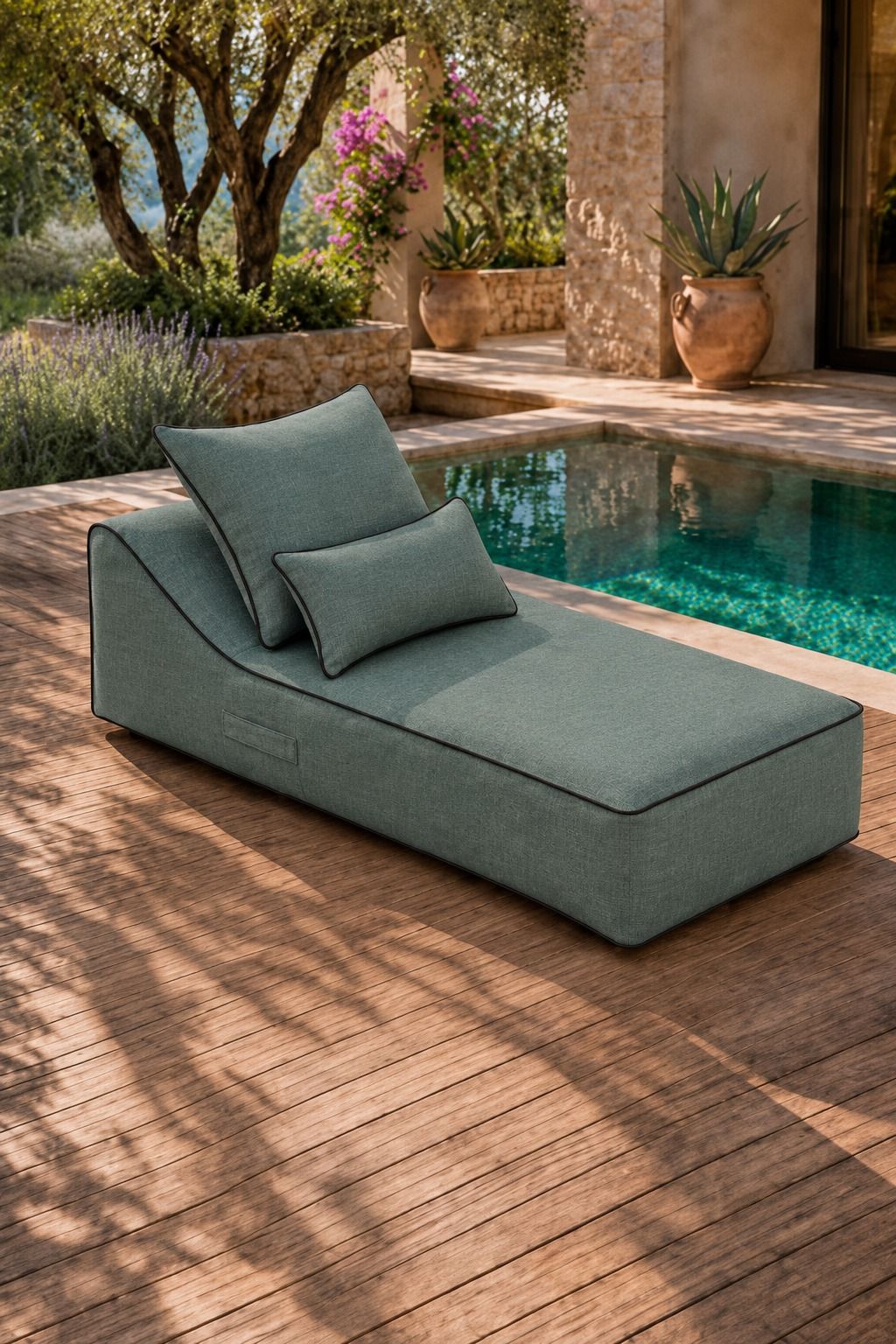 Vezan Sage Green Outdoor Chaise with Black Piping