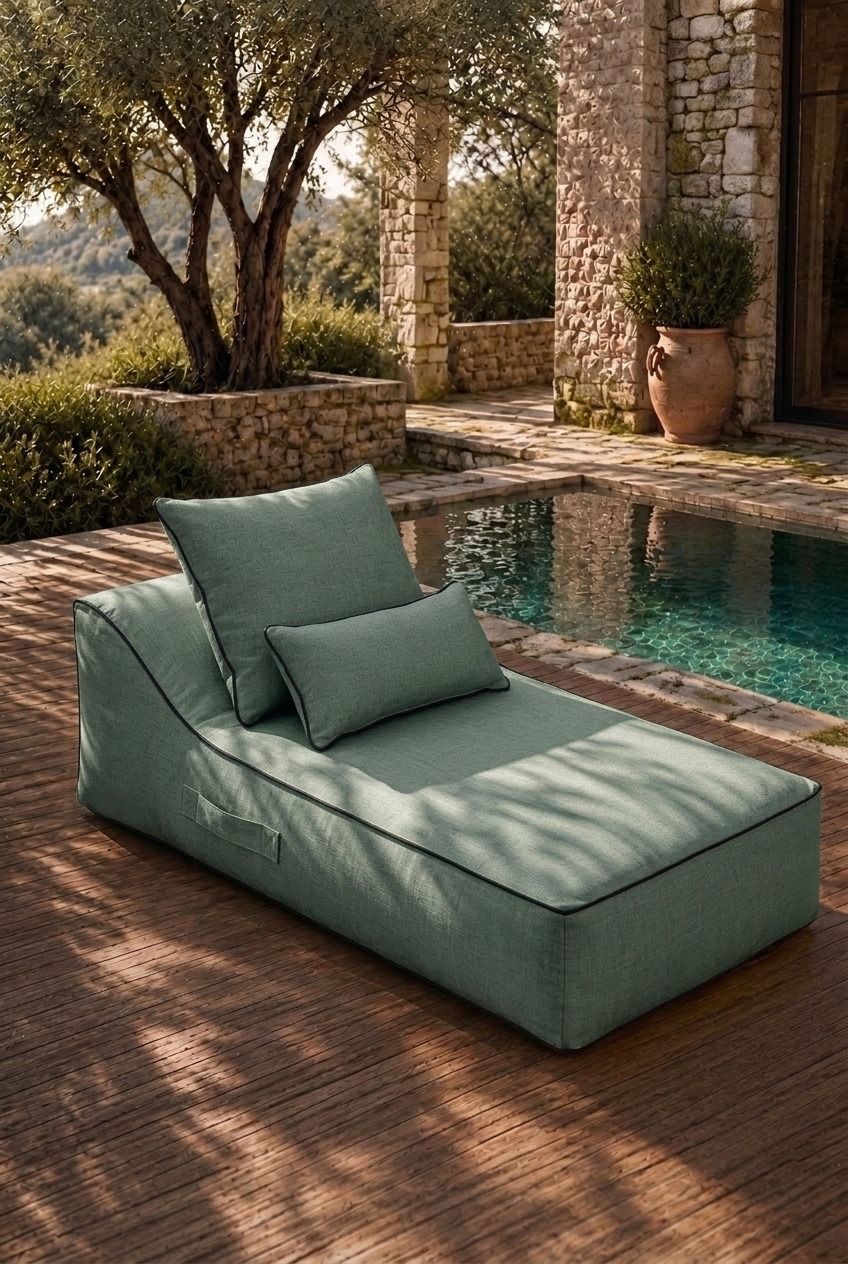Vezan Sage Green Outdoor Lounger with Black Piping
