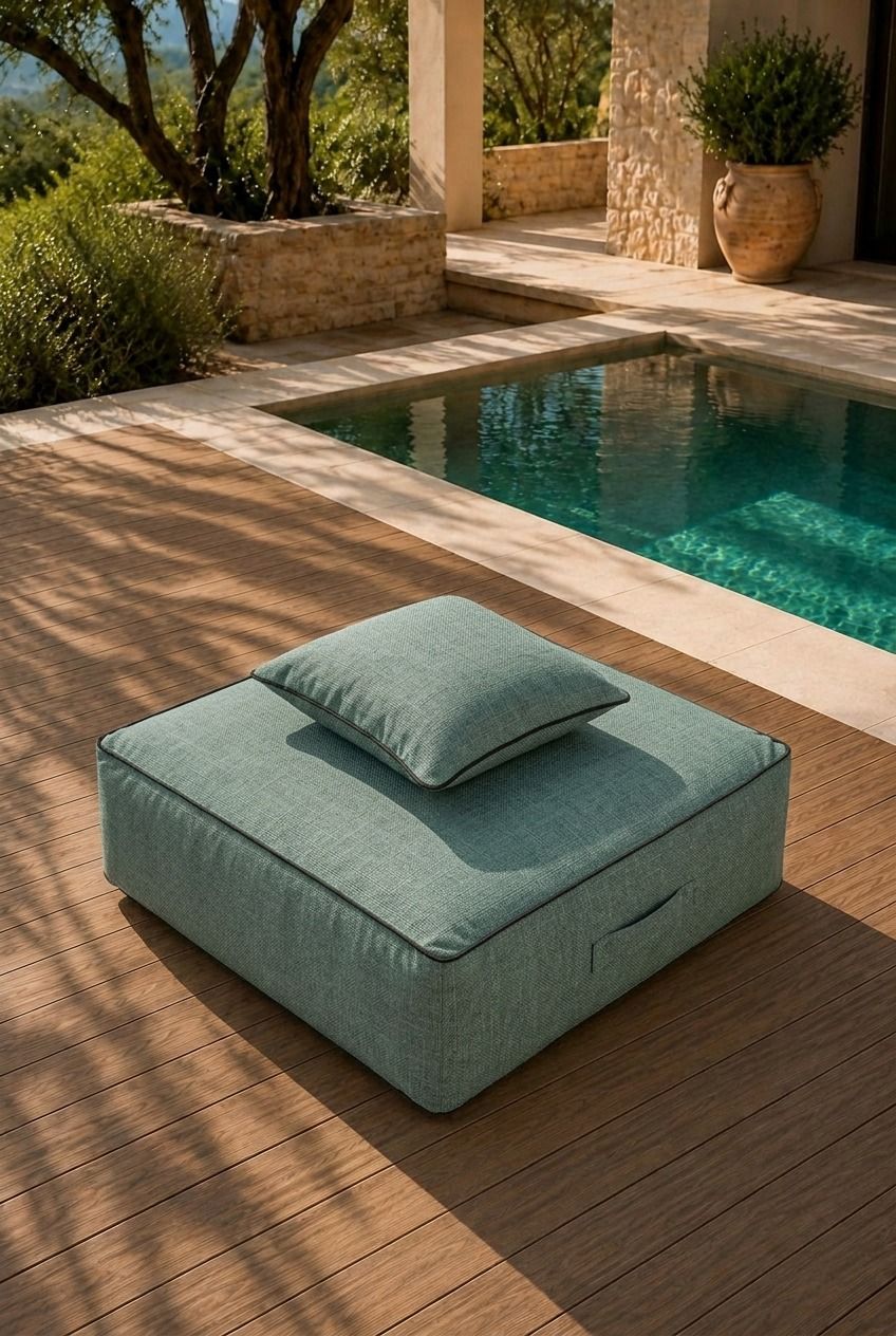 Vezan Sage Green Outdoor Ottoman with Black Piping
