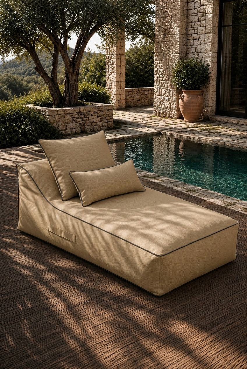 Vezan Sand Beige Outdoor Lounger with Black Piping