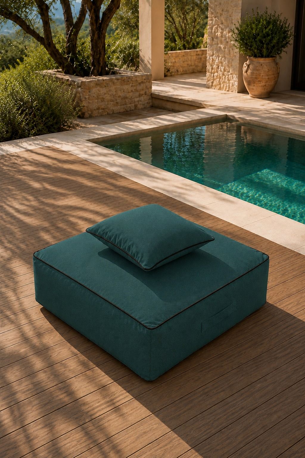 Vezan Teal Green Outdoor Ottoman with Black Piping