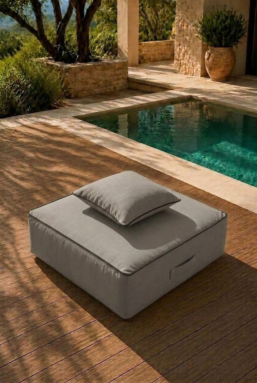 Vezan Warm Grey Outdoor Ottoman with Black Piping