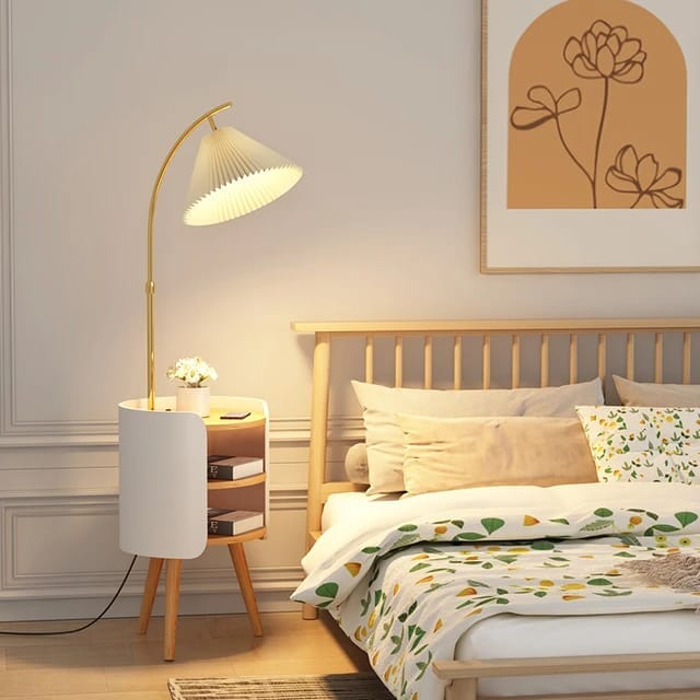 Wood, White, and Gold Floor Lamp With Shelve