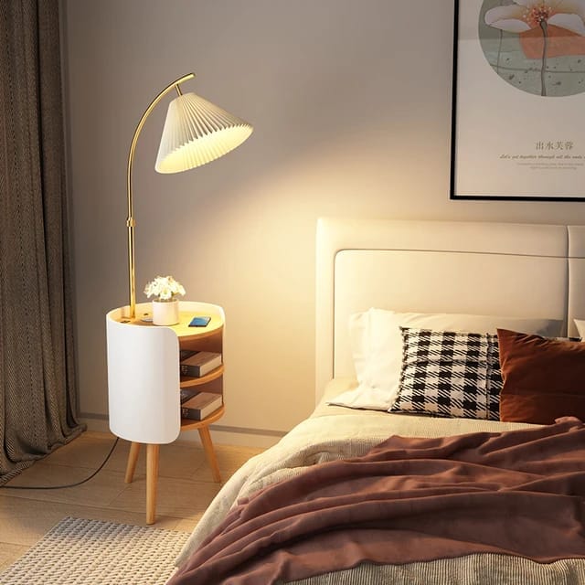 Wood, White, and Gold Floor Lamp With Shelve