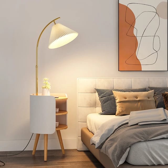 Wood, White, and Gold Floor Lamp With Shelve