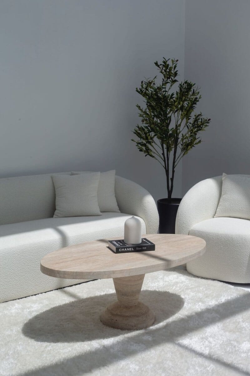 Melina Oval Travertine Coffee Table With Travertine Base L125 x W68 x H42 x 4cm(Top Thickness) Base Orientation 1 