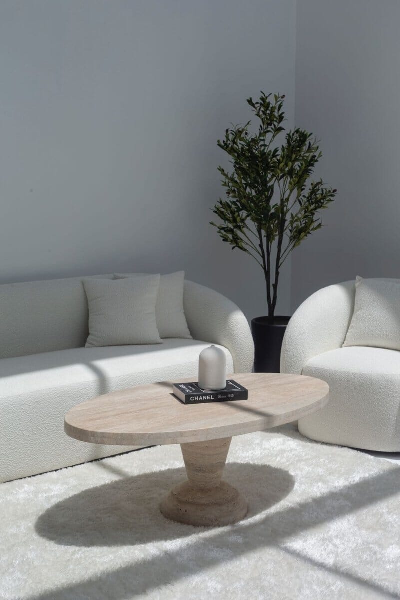 Melina Oval Travertine Coffee Table With Travertine Base MGH L125 x W68 x H42 x 4cm(Top Thickness) Base Orientation 1 