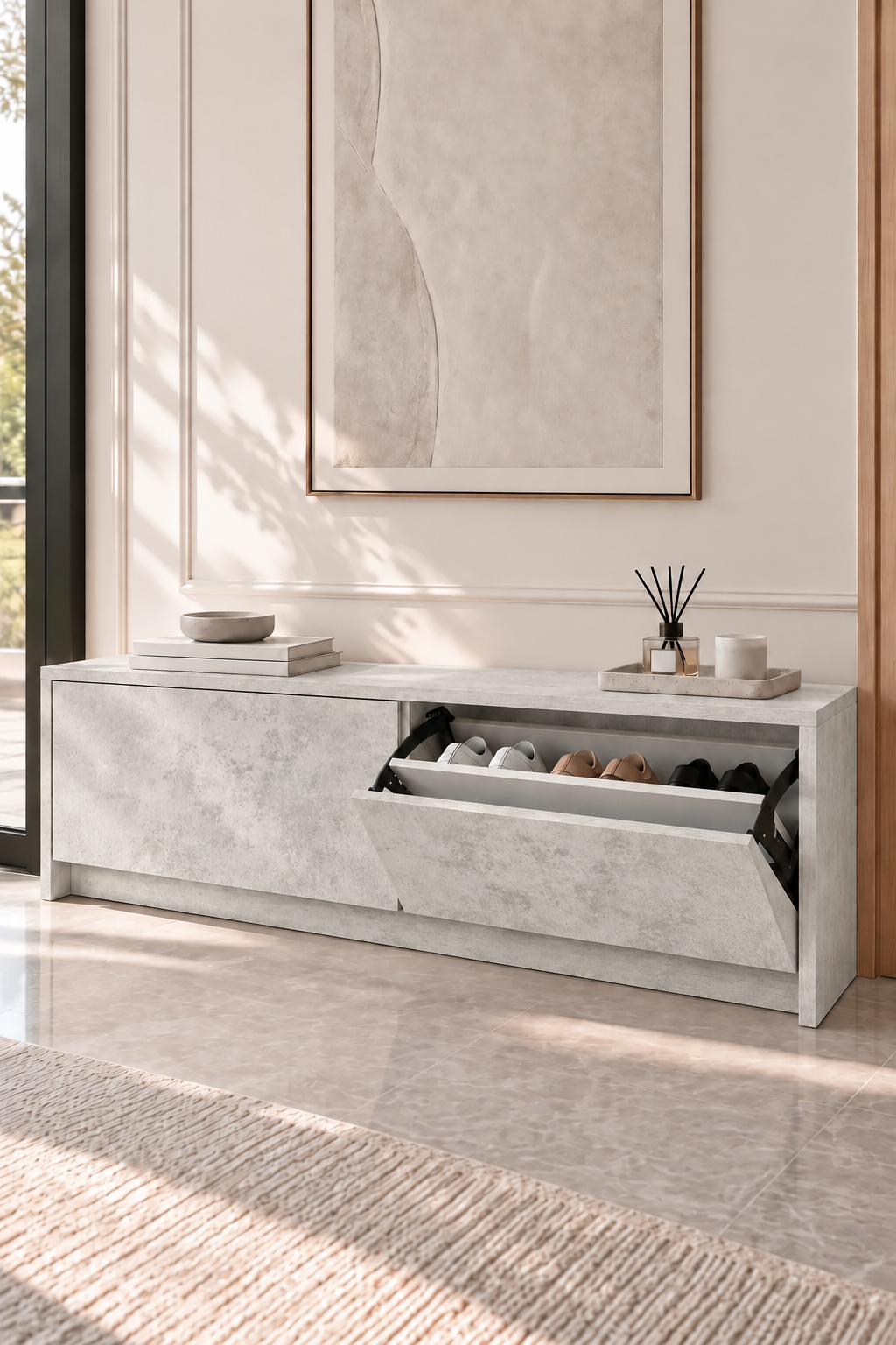 Arqen Mist Grey Wooden Shoe Cabinet view 1