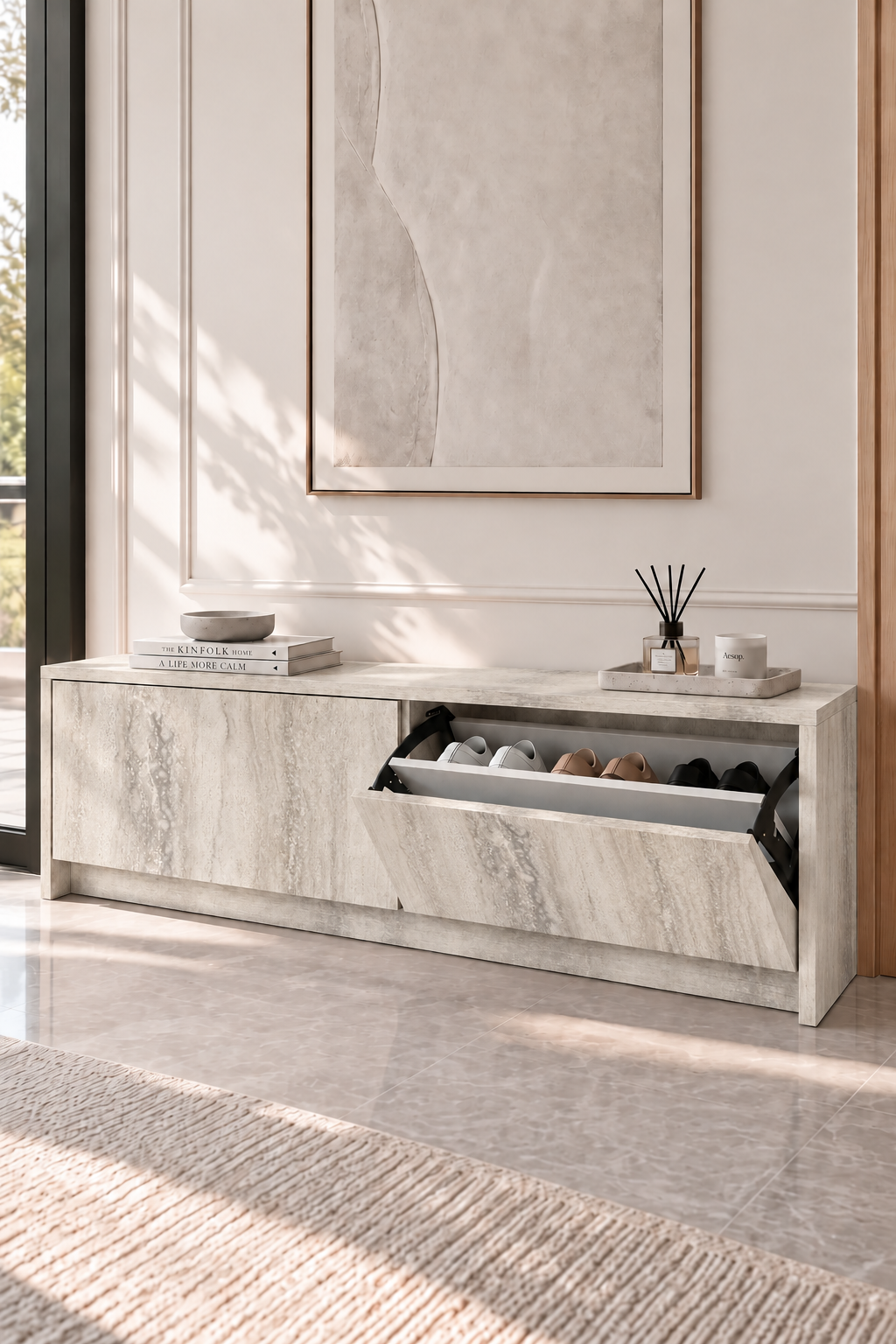 Arqen Warm Greige Wooden Shoe Cabinet view 1