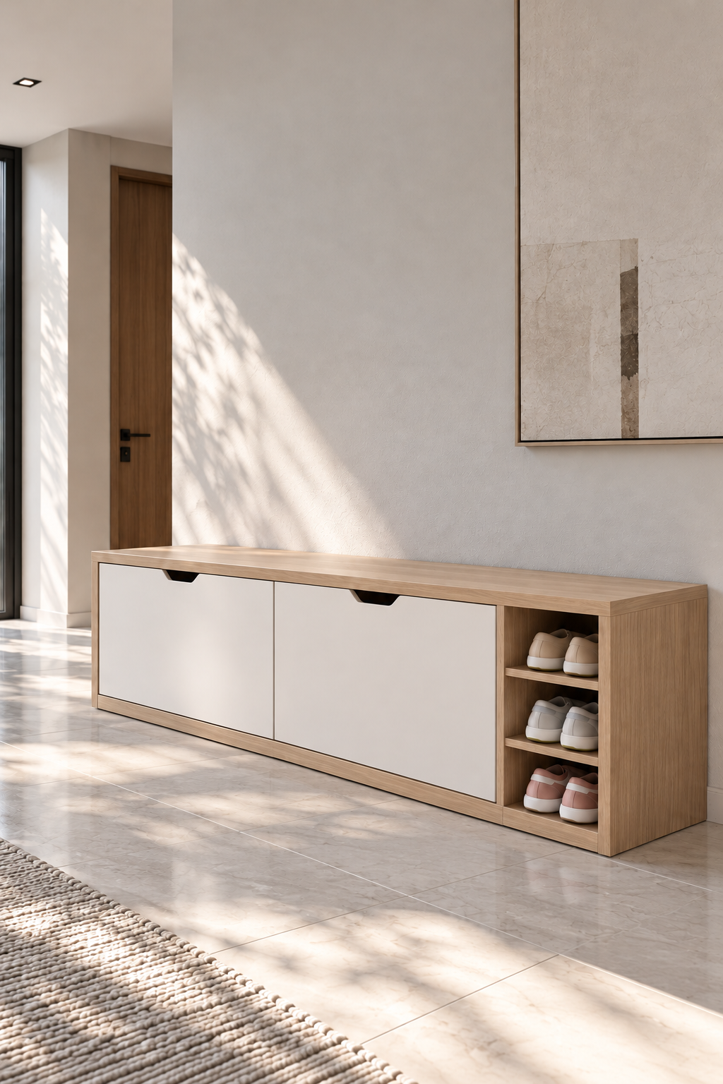 Avelio Barista Oak and White Wooden Shoe Cabinet with double tilt-out compartments and open side shelves