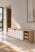 Avelio Barista Oak and White Wooden Shoe Cabinet with a single tilt-out compartment and open side shelves