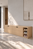 Avelio Barista Oak Wooden Shoe Cabinet with double tilt-out compartments and open side shelves