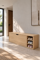 Avelio Barista Oak Wooden Shoe Cabinet with a single tilt-out compartment and open side shelves