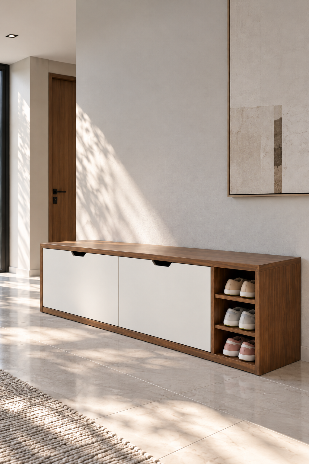 Avelio Walnut and White Wooden Shoe Cabinet with double tilt-out compartments and open side shelves
