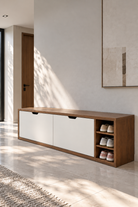 Avelio Walnut and White Wooden Shoe Cabinet with double tilt-out compartments and open side shelves