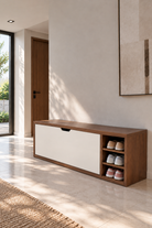 Avelio Walnut and White Wooden Shoe Cabinet with single tilt-out compartment and open side shelves