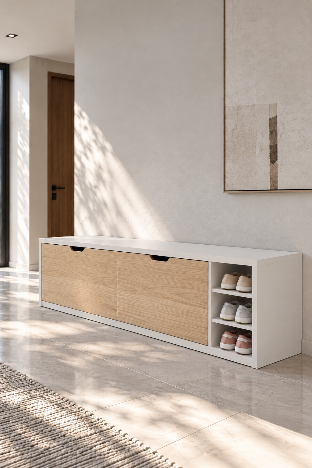 Avelio White and Barista Oak Wooden Shoe Cabinet with double tilt-out compartments and open side shelves