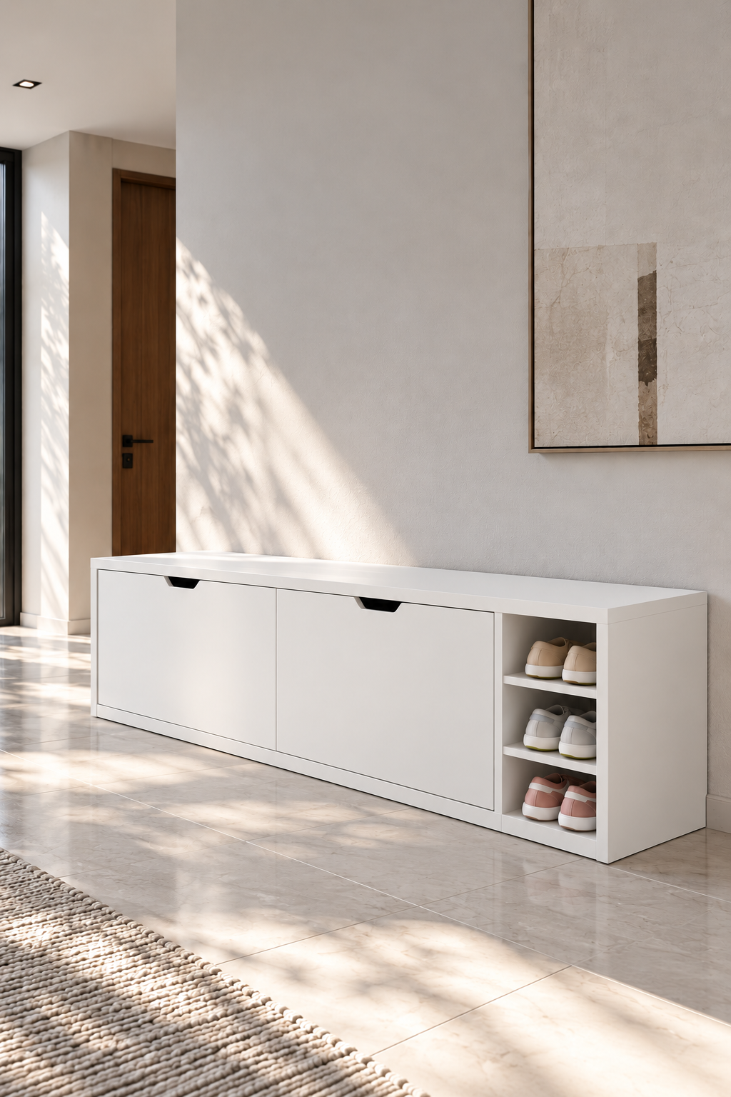Avelio White Wooden Shoe Cabinet with double tilt-out compartments and open side shelves