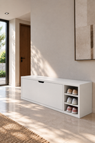 Avelio White Wooden Shoe Cabinet with a single tilt-out compartment and open side shelves