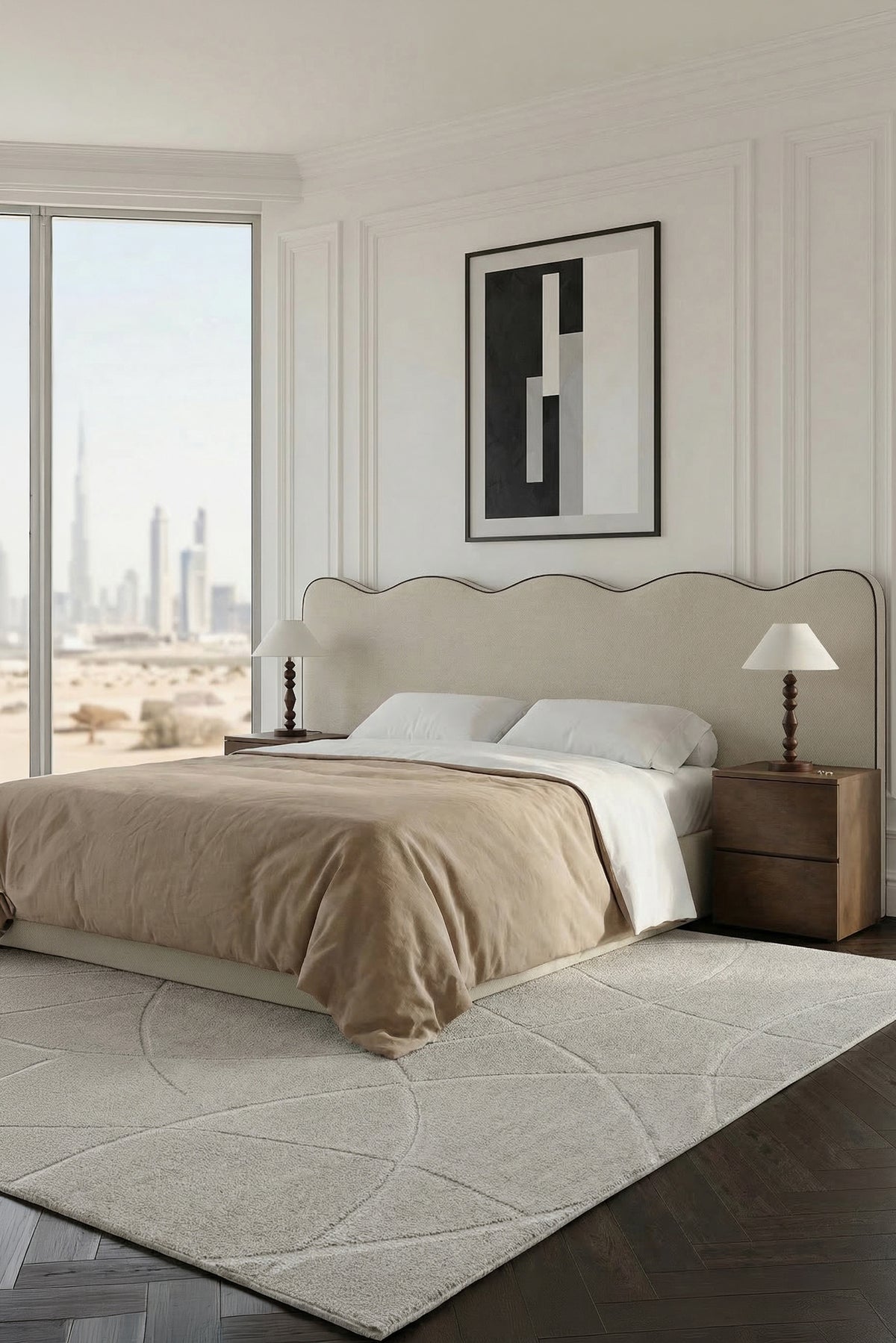 Zelina Beige Curved Headboard Upholstered Bed with Black Trim – Homekode