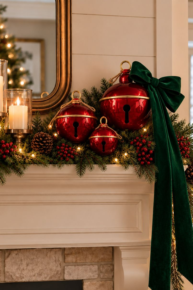 Red Christmas jingle bells with gold-toned trim and rope loops, each size sold separately