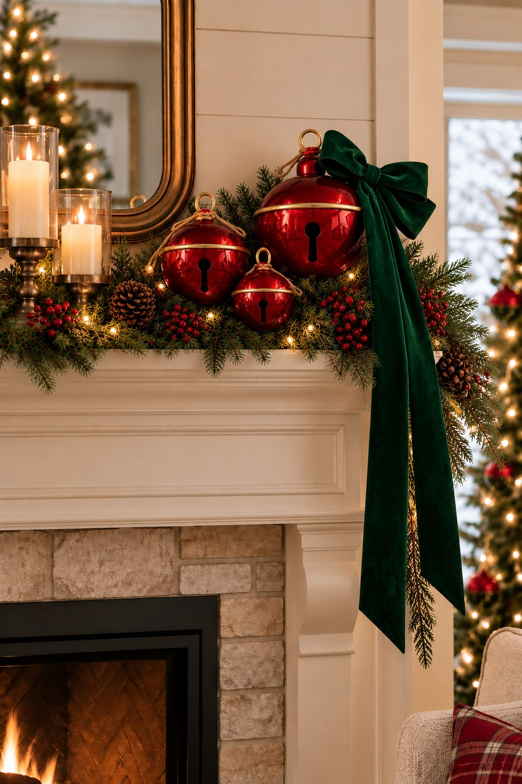 Red Christmas jingle bells showing three size options, sold individually; green bow is styling