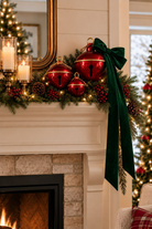 Red Christmas jingle bells showing three size options, sold individually; green bow is styling