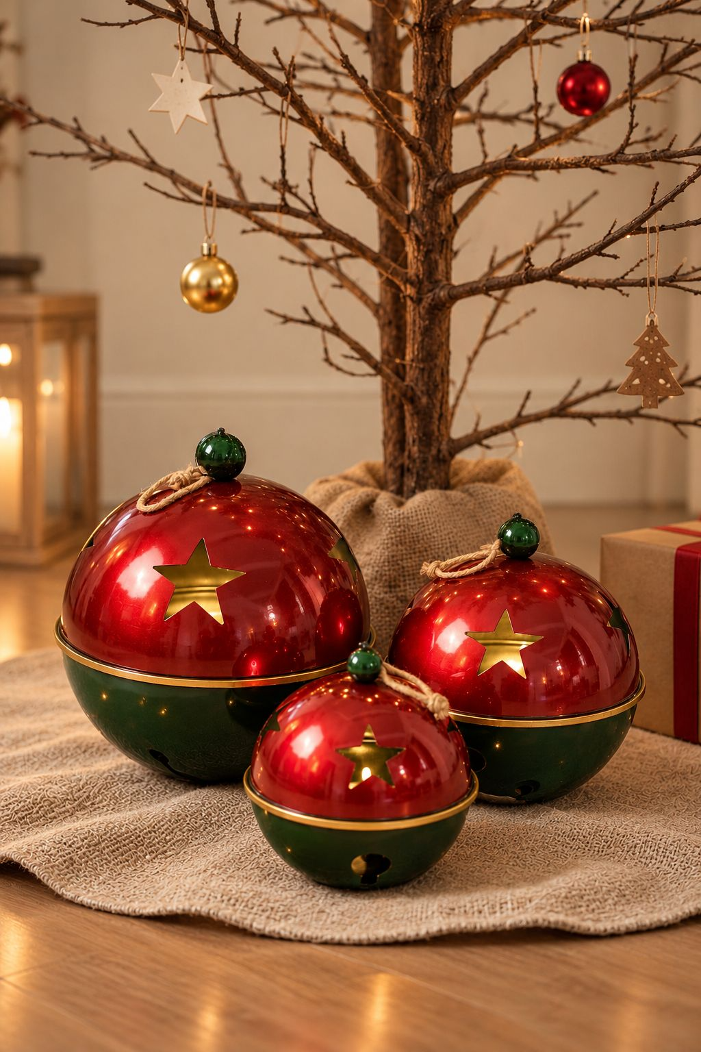 Set of three red and green Christmas bells with gold star details and rope loops