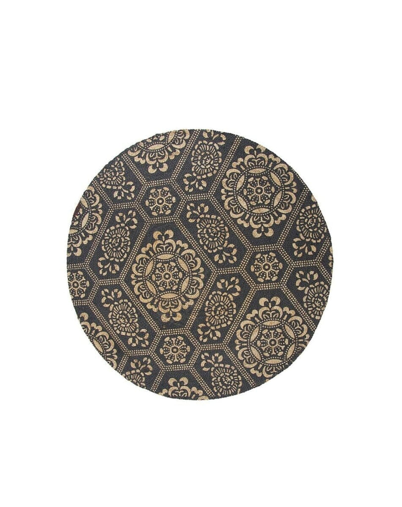 Floral - Pattern Black & Natural Braided Jute Round Rug (120 CM)