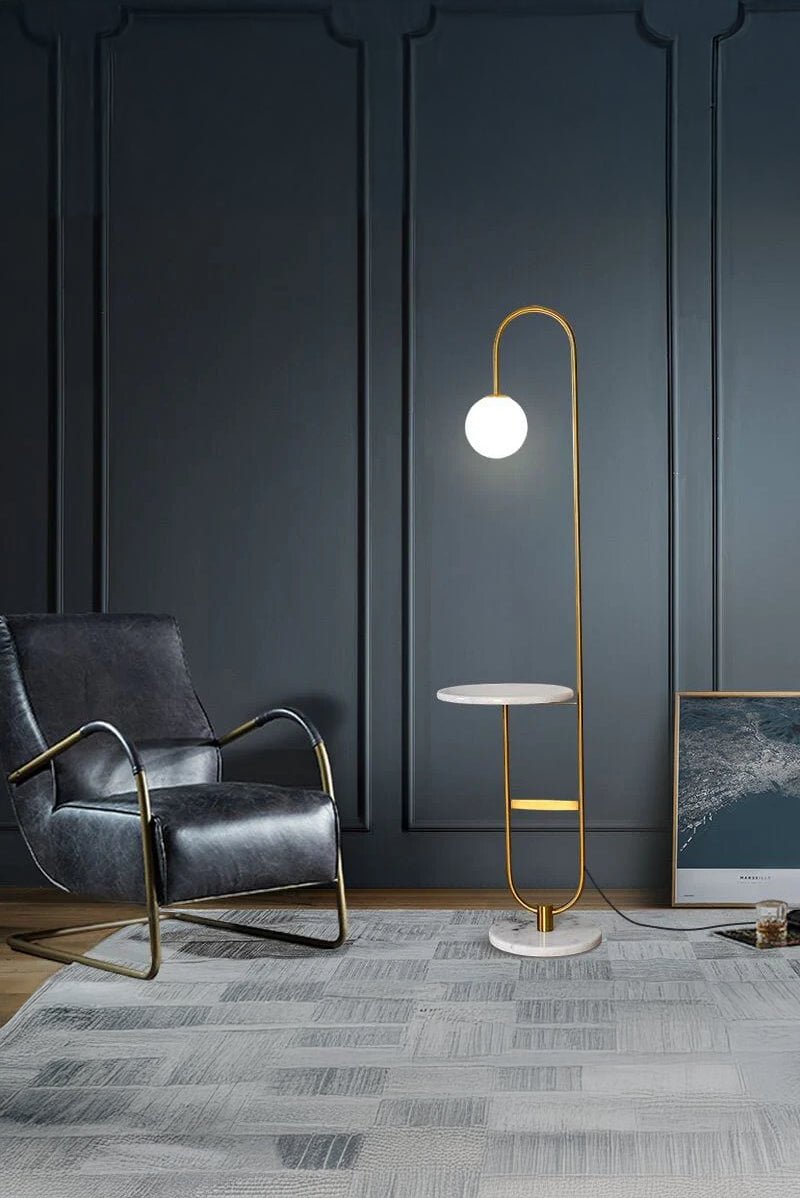 Gold and White Arched Floor Lamp With Side table