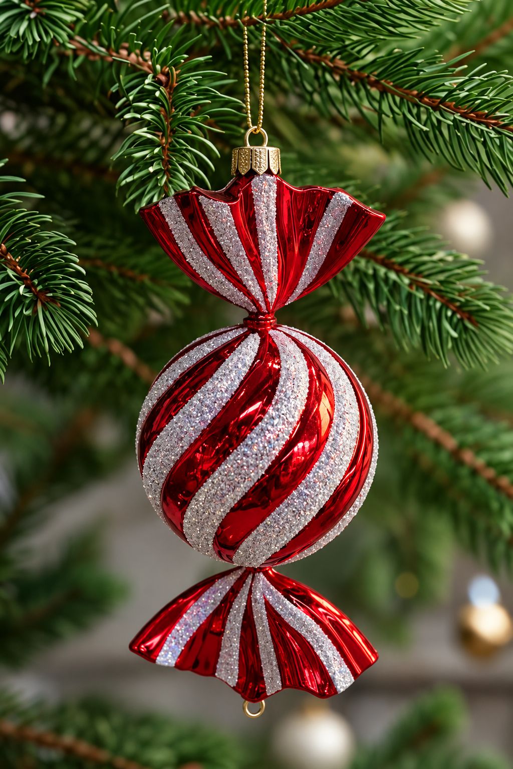 Red and silver spiral glitter Christmas candy ornament, sold individually