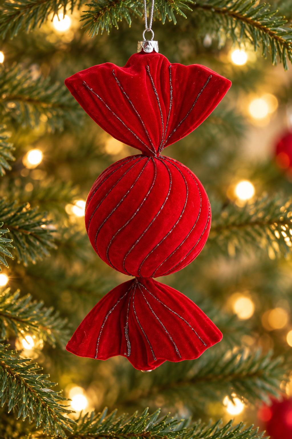 Red flocked Christmas candy ornament with glitter-lined grooves
