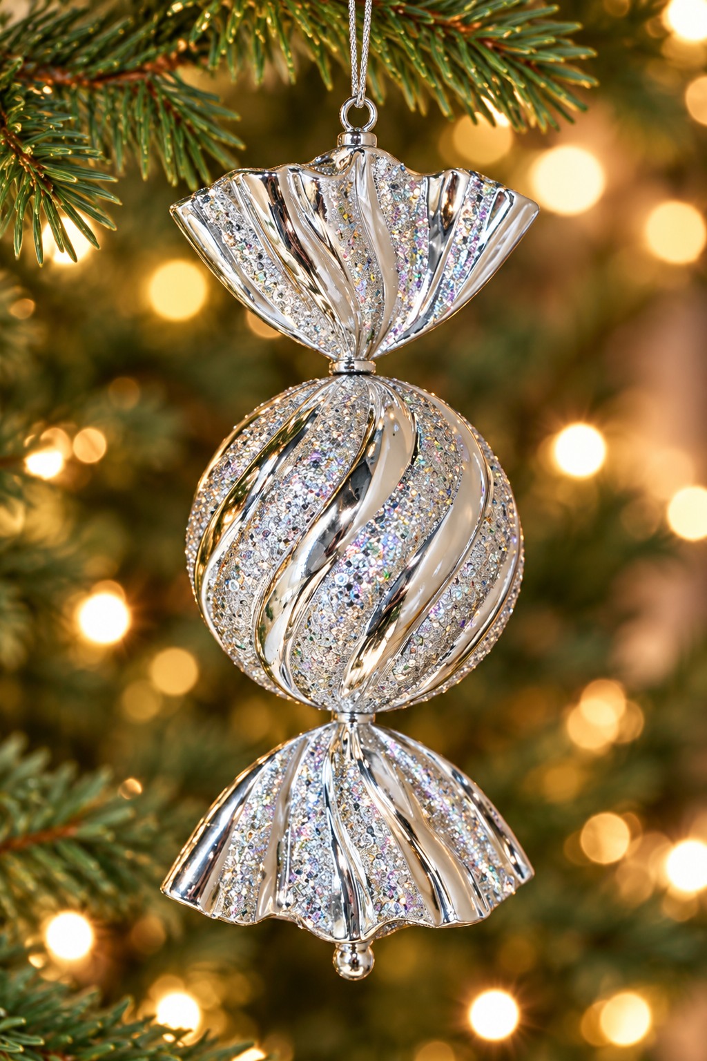 Silver glitter candy-shaped Christmas ornament with fluted wrapper ends