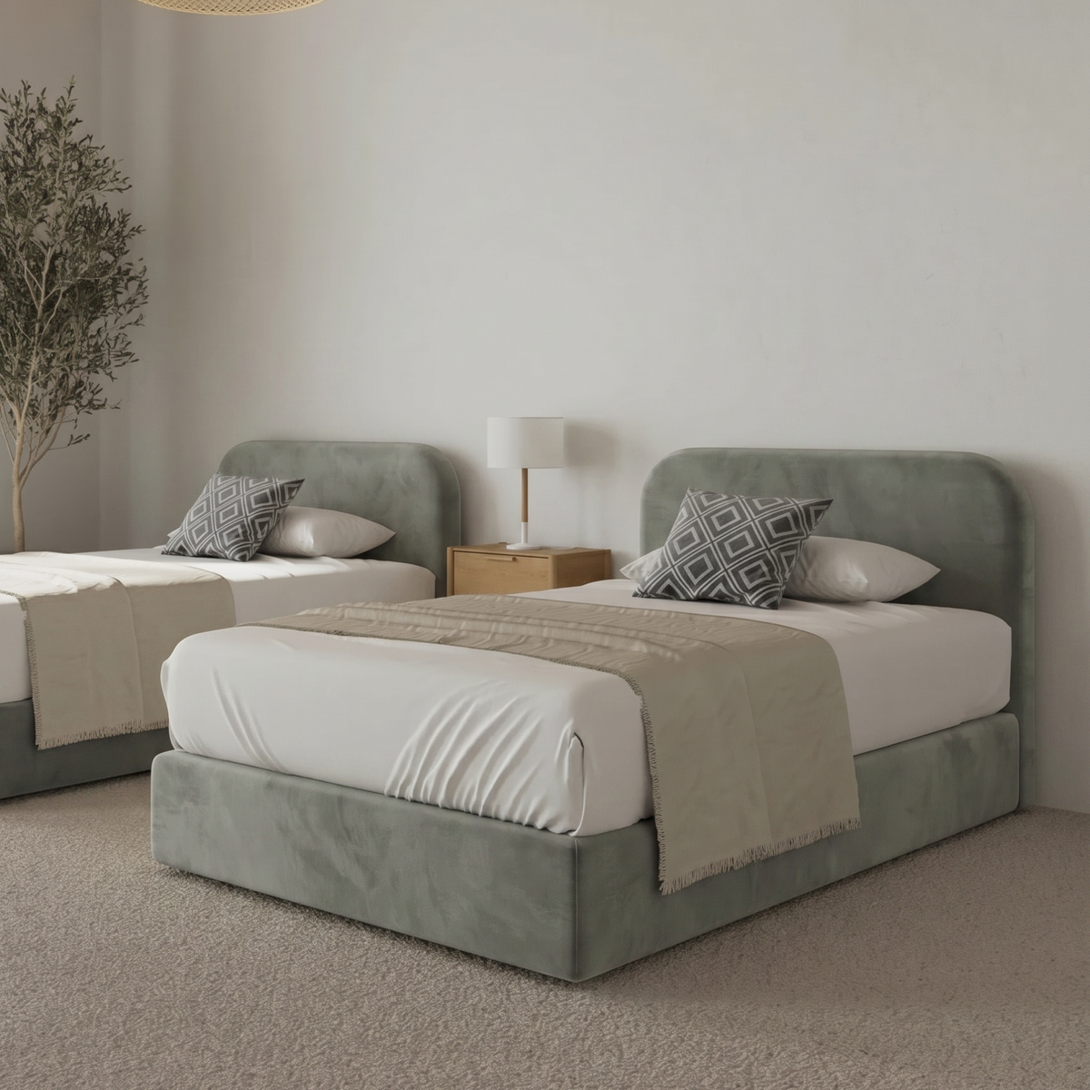Chiara Greyish Green Upholstered Platform Bed Modern Bedroom – Homekode