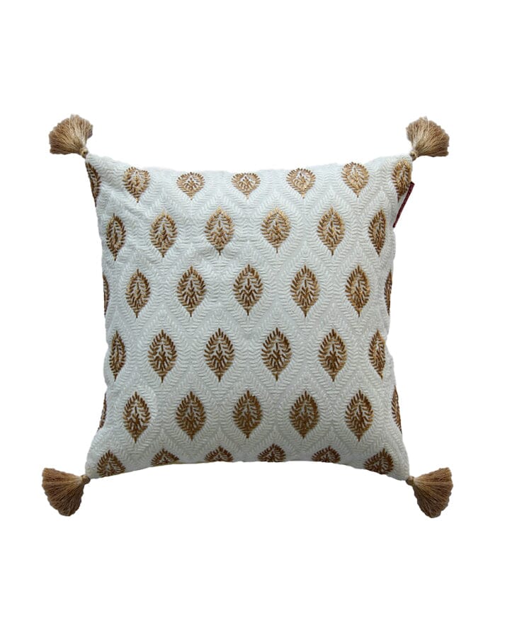 White & Gold Polyester Cushion Cover With Fringes (40X40 CM) Cushion -- Cushion Cover Homekode 