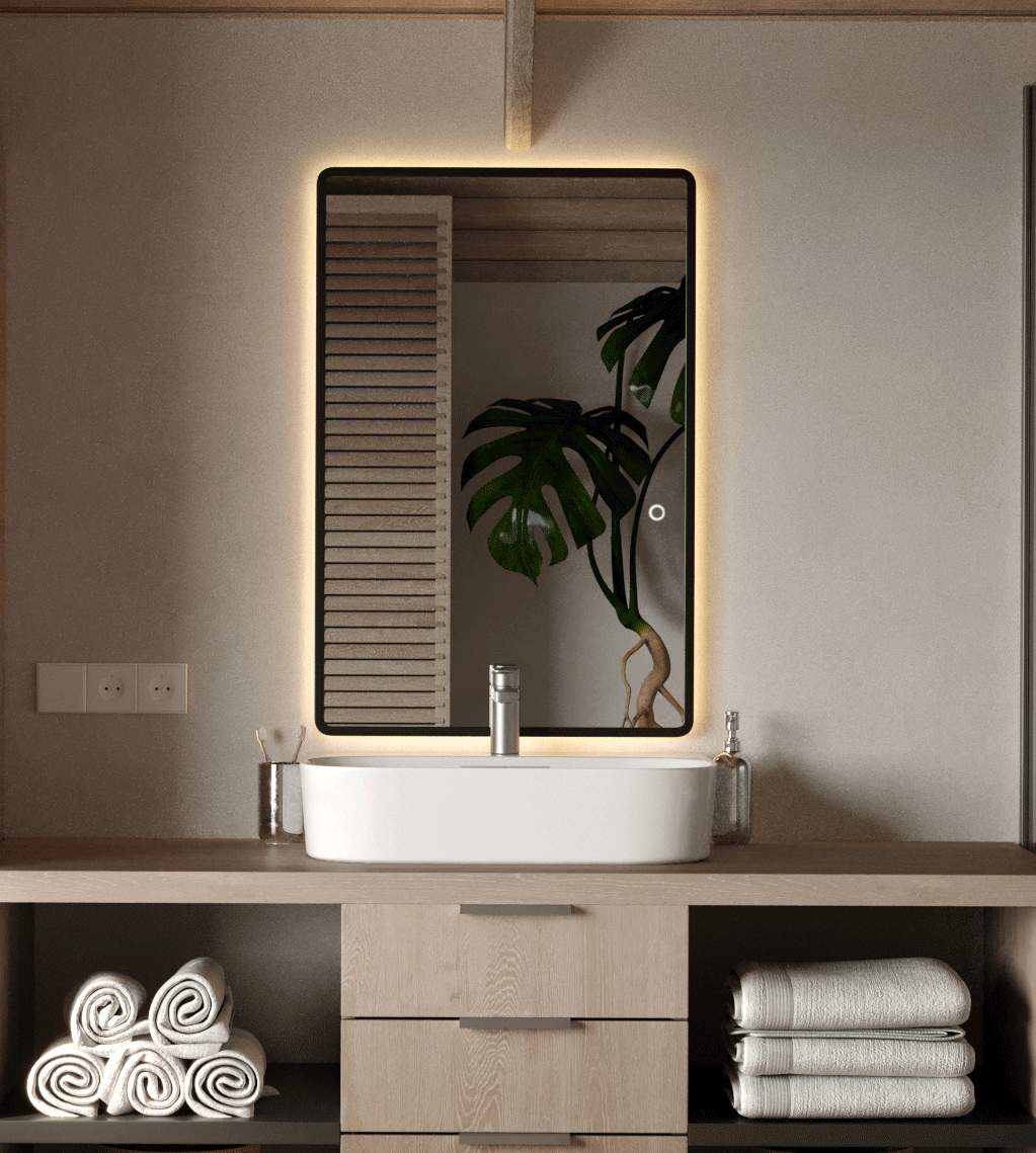 Backlit Vanity Black Fe Wall Mirror with Rounded Corners