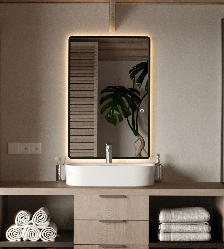 Backlit Vanity Black Frame Wall Mirror with Rounded Corners