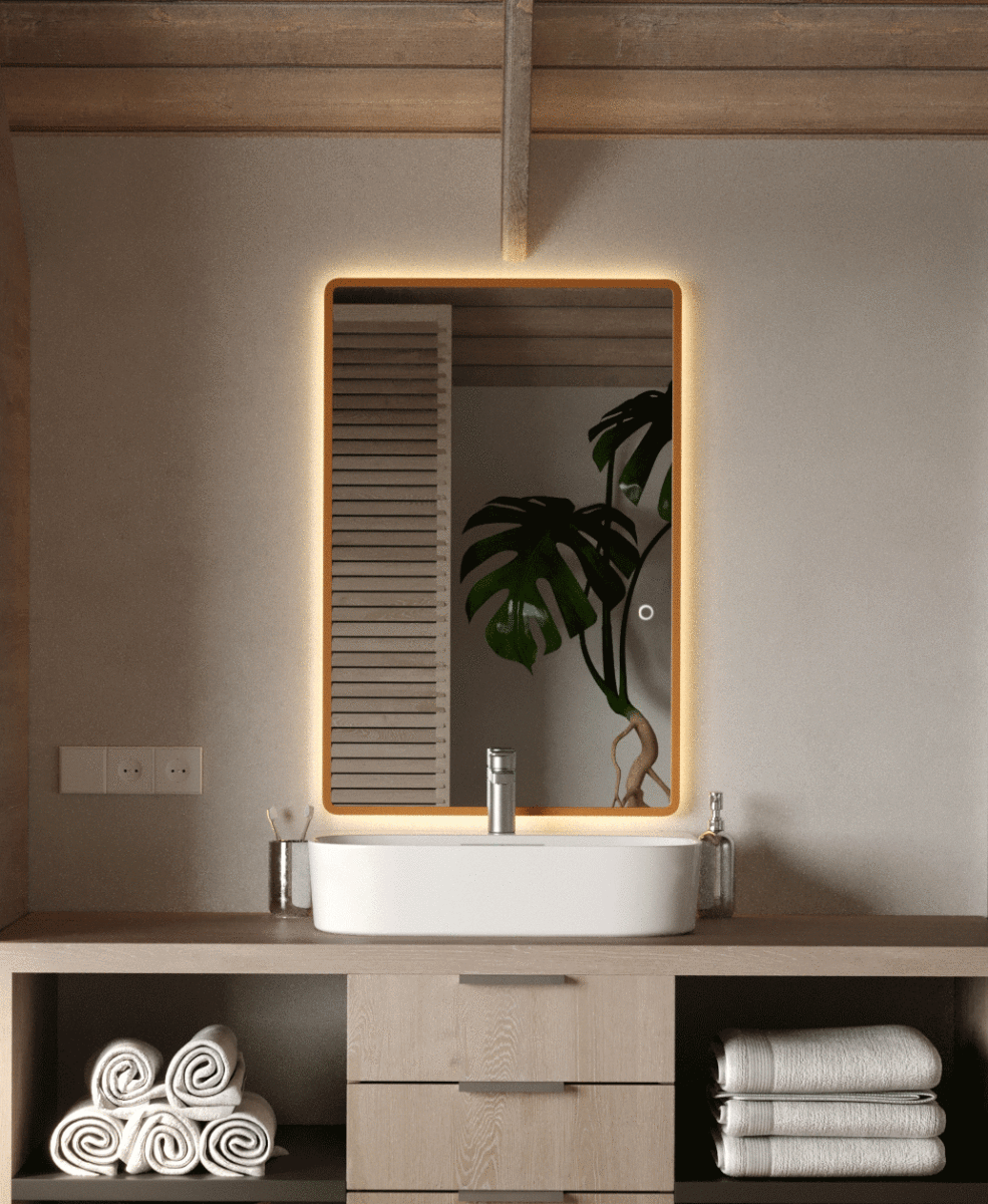 Backlit Vanity Gold Fe Wall Mirror with Rounded Corners 