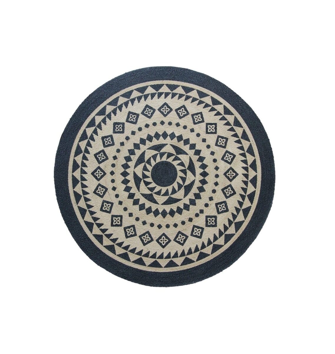 Mandala Art Navy Blue & Natural Braided Jute Round Rug (200 CM