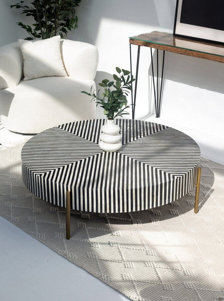 Bone Inlay Round Modern Striped Pattern Handmade Coffee Table (2 Size) Coffee Tables ART 