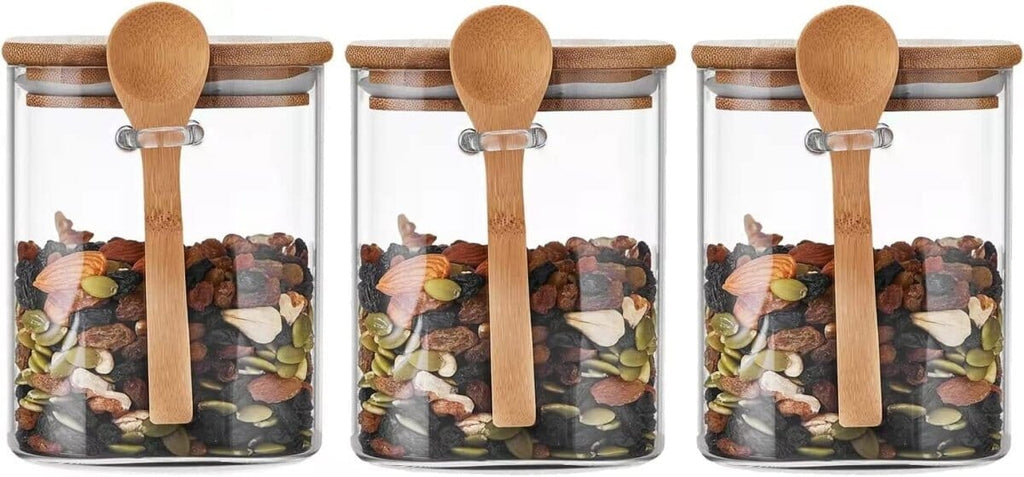 Storage Glass Jars with Bamboo Lids and Spoons (Set of 3) (2 sizes Available ) Homekode Medium 