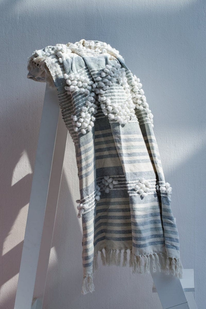 White & Light Blue Embroidered Throw Blanket (125x150 CM)